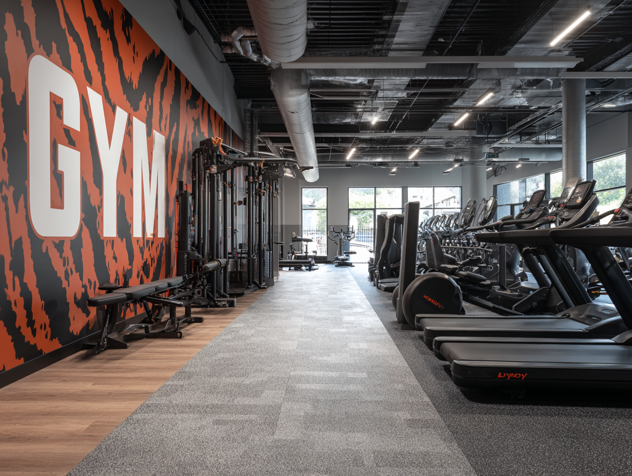 Commercial fitness club with branded acoustic wall panel and treadmill row